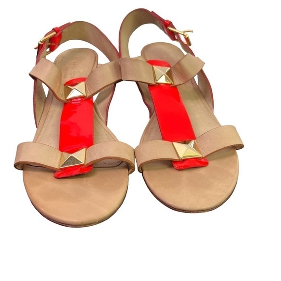 KATE Spade New York Sandals Neon Orange Patent Leather Gold Studs Size 8 - Picture 2 of 13
